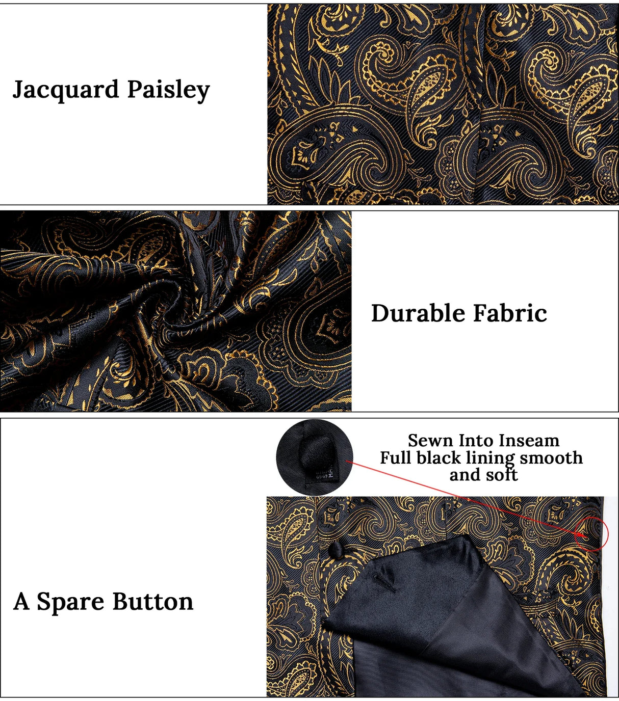 Brand Suit Vest Set For Men Luxury Silk Black Gold Paisley Dress Vest Tie Cufflinks Handkerchief Set Male Sleeveless Waistcoat