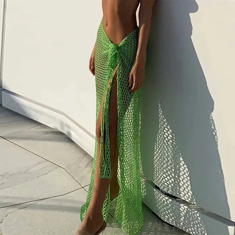 2024 Croche Beach Cover Up Sexy See Through Dress Knit Long Skirts Mesh Hollow Out Through Wrap White Midi Skirt Party Outfits