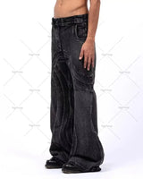 European and American Fashionable High-waisted Trousers Raw Edge Washed Jeans Men Street Loose Oversized Straight Wide-leg Pants