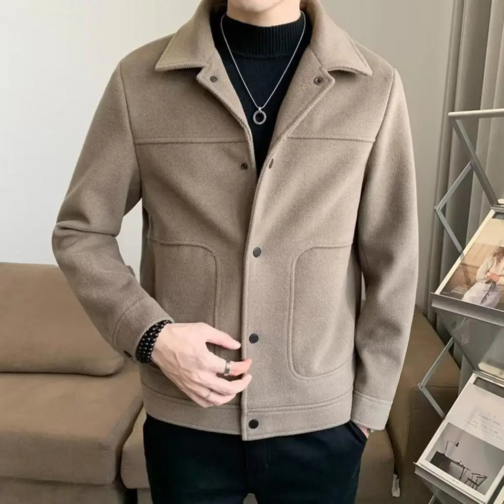 2023 Fashion Men Jacket Single-Breasted Solid Color Short Woolen Coat Winter Casual Warm Windbreaker Coat Men Cardigan Outerwear