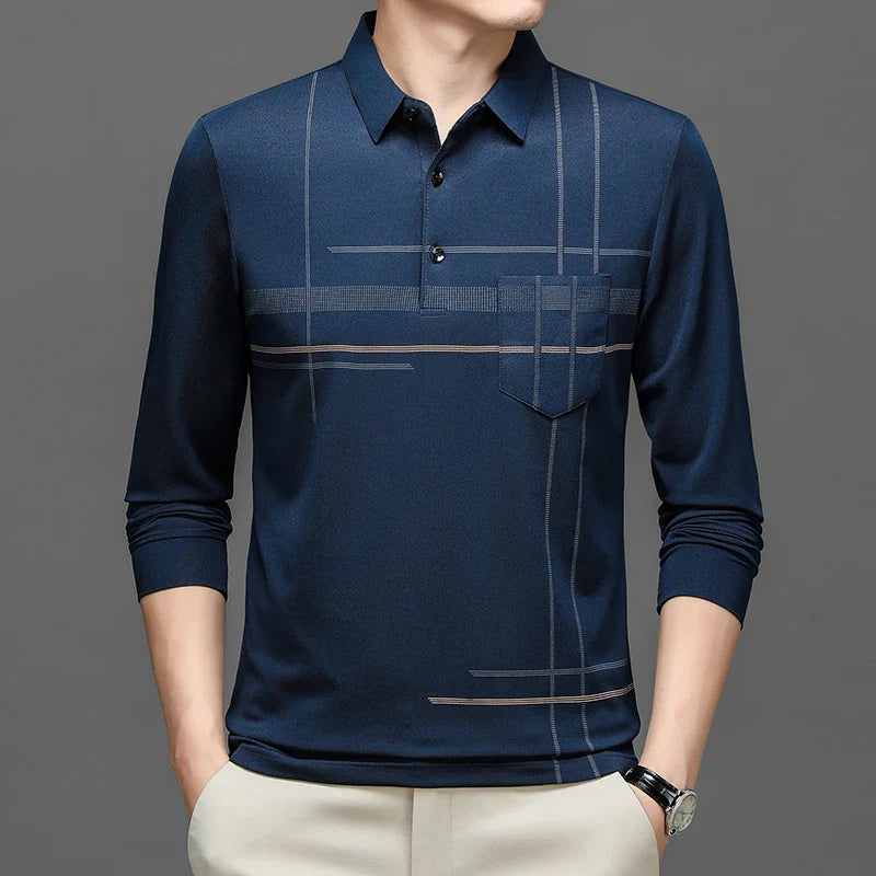 Spring Autumn Striped Business Polo Shirt Men's Long Sleeve Pullover T Shirt Turn-down Collar Tops