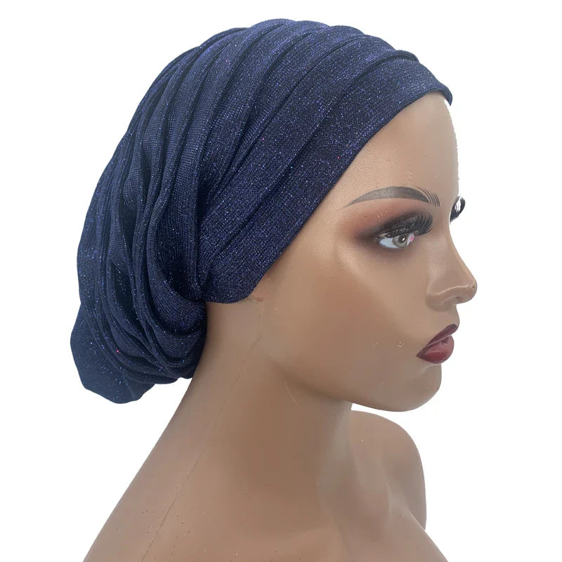 Glitter Pleated African Turban Cap Women's Head Wraps Nigeria Party Headpiece Female Wedding Auto Gele Headdress Beanie