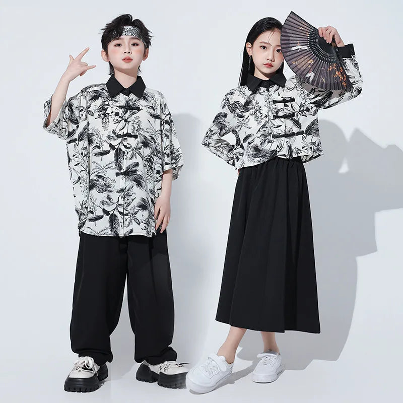 Hip Hop Boys Chinese Style Shirt Baggy Pants Girls Print Blouse Street Dance Skirt Children Streetwear Kids Jazz Clothes Sets