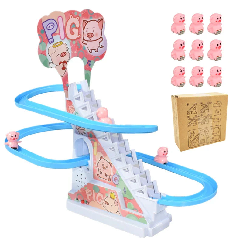 Kids Electric Small Duck Climbing Stairs Toy DIY Rail Racing Track Music Roller Coaster Duck Toy For Baby Kids Gift