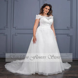 Elegant Wedding Dresses Plus Size Boat Neck Off The Shoulder Lace Applique Bride Gowns Tulle A-Line Sweep Train Vestido De Noiva