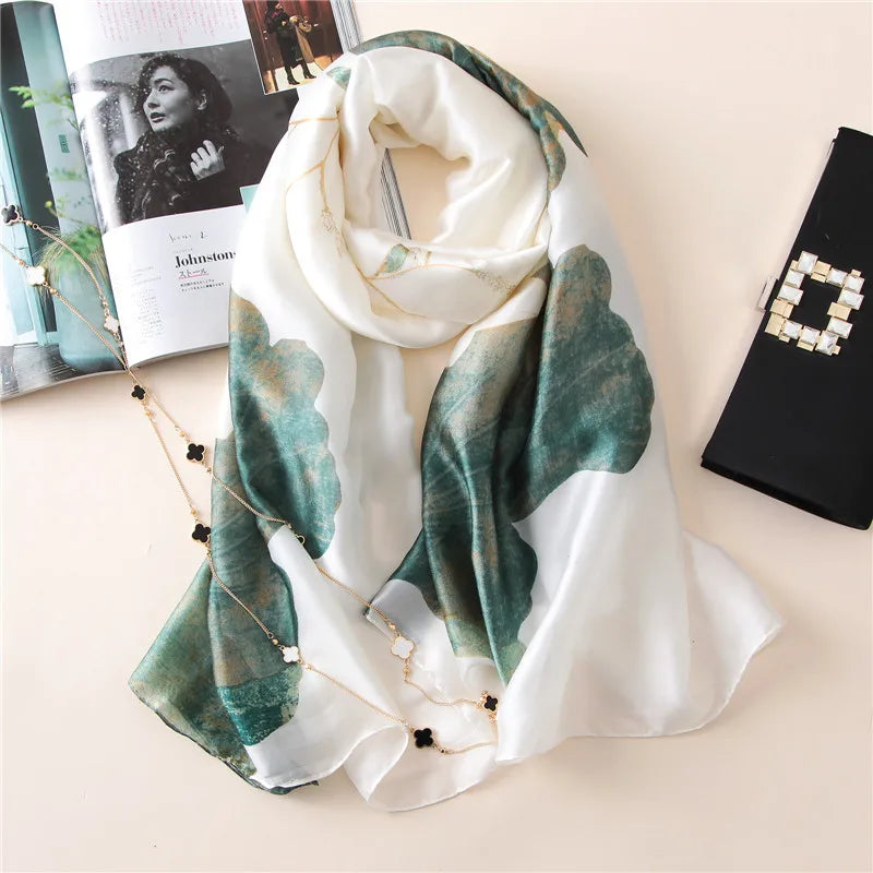 100% Natural Silk Scarf Women Luxury Brand Digital Print Flowers Silk Pashmina Shawl Female Long Bandana Foulard 2020 Oversize