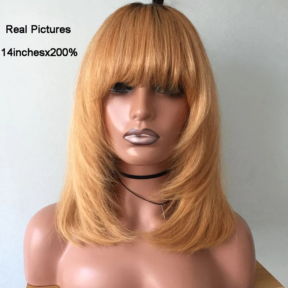 Amethyst Layered Cut Blonde Bob Human Hair Wigs Brazilian Remy Full Machine Scalp Top Short Bob Wig With Bangs For Black Women