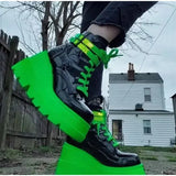 Punk Green Patent Leather Boots For Women Platform Faux Leather Ankle Boots Thick Bottom Fashion