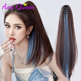 Long Wavy Straight Claw Clip On Ponytail Hair Black mixed with blue Synthetic Ponytail Hair For Women Pony Tail Hair Hairpiece