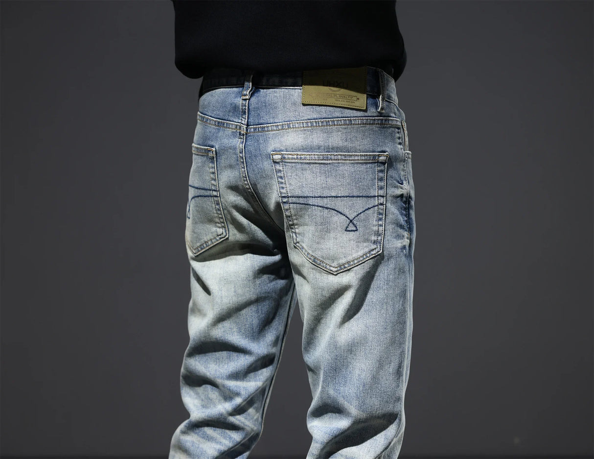 12.8oz 77% Cotton Red Selvedge Stretch Denim Men Jeans Distressed Heavy Brushed Washed Straight Pants Y2k Fashion Male Trousers