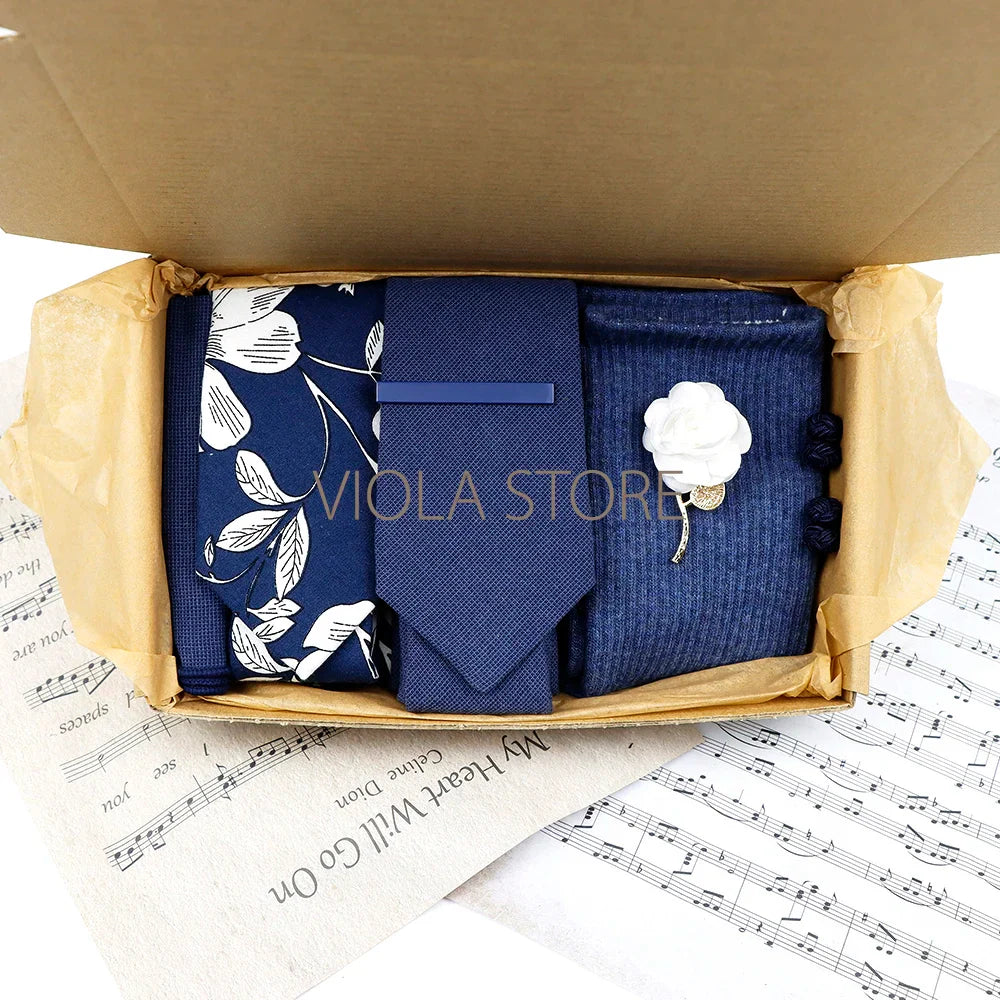 Viola Design Gift Box Hot Solid Floral Cotton Sock Necktie Set Clip Cufflinks Pin Hanky Men Wedding Party Daily Cravat Accessory