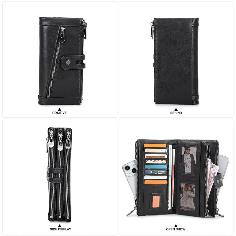 Genuine Leather Long Wallet for Men Women Money Bag Purse Zipper Hasp Design Fashion Clutch Wallets Card Holder Phone Pocket