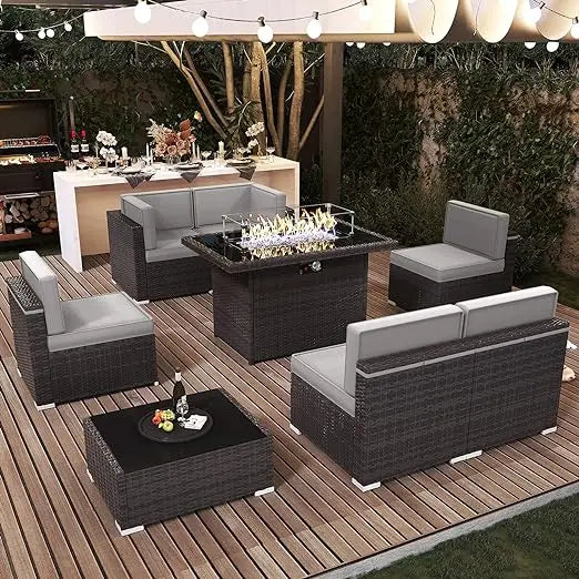 7/8 Pieces Outdoor Patio Furniture Set with  Fire Pit Table Rattan Sectional Sofa Conversation Sets Moden Set for Garden