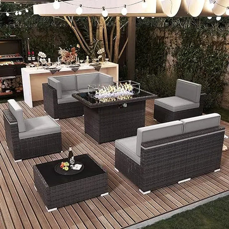 7/8 Pieces Outdoor Patio Furniture Set with  Fire Pit Table Rattan Sectional Sofa Conversation Sets Moden Set for Garden