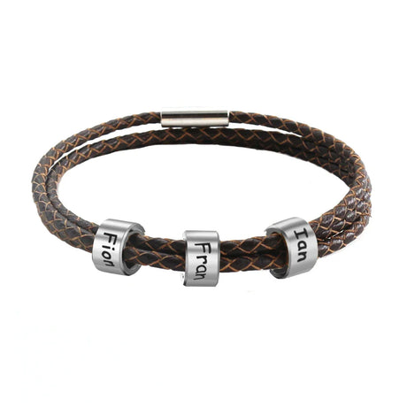 Custom Family Names Bracelet for Men Personalized Braided Leather Bracelets Stainless Steel Beads Charm Bangle Father's Day Gift