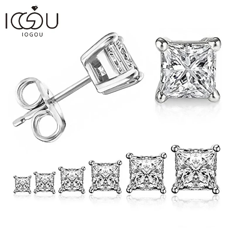 IOGOU 925 Sterling Silver Stud Earrings For Women 4-Claws Square Zirconia Earring Wedding Engagement Bridal Diamond Jewelry Gift