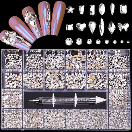 2800pcs Luxury Shiny Diamond Nail Art Rhinestones Crystal Decorations Set AB Glass 1pcs Pick Up Pen In Grids Box 21 Shape