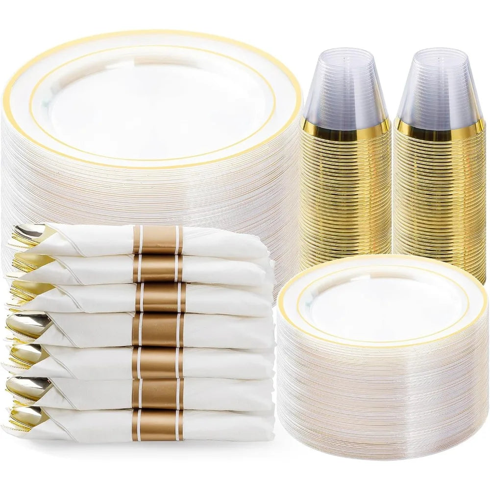 350PCS Gold Dinnerware Set, Disposable Party Plates for 50 Guests, 100 Plastic Plates, 50 Rolled Napkins, 50 Cups