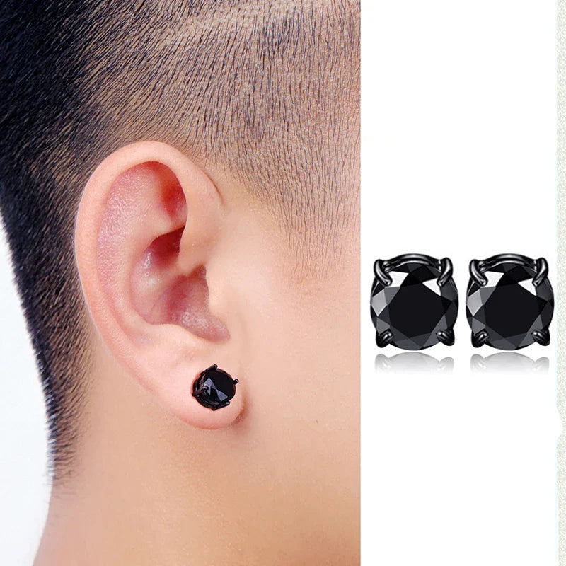 Stainless Steel Magnetic Stud Earrings Men Women Black CZ Magnet Non-piercing Clip Earring