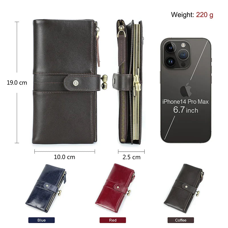 Contact'S Metal Frame Long Wallet Women Card Holder Oil Leather Purse Hasp and Zipper Woman Hold 6.7" Phone Coin Pocket