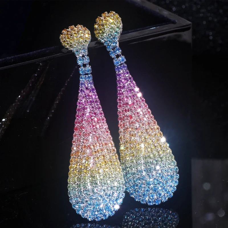 Fashion Shiny Rainbow Color Crystal Earrings for Women Luxury Rhinestone Drop Dangle Earrings Brinco Bride Weddings Jewelry