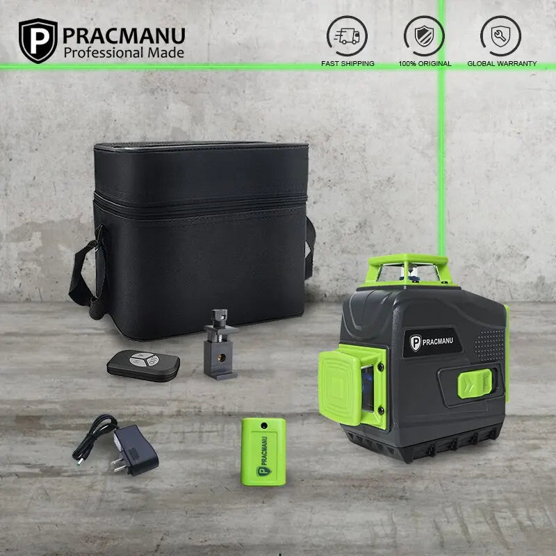 Pracmanu 12 Lines 3D Laser Level Self-Leveling Horizontal And Vertical Cross Line Super Powerful Green Beam