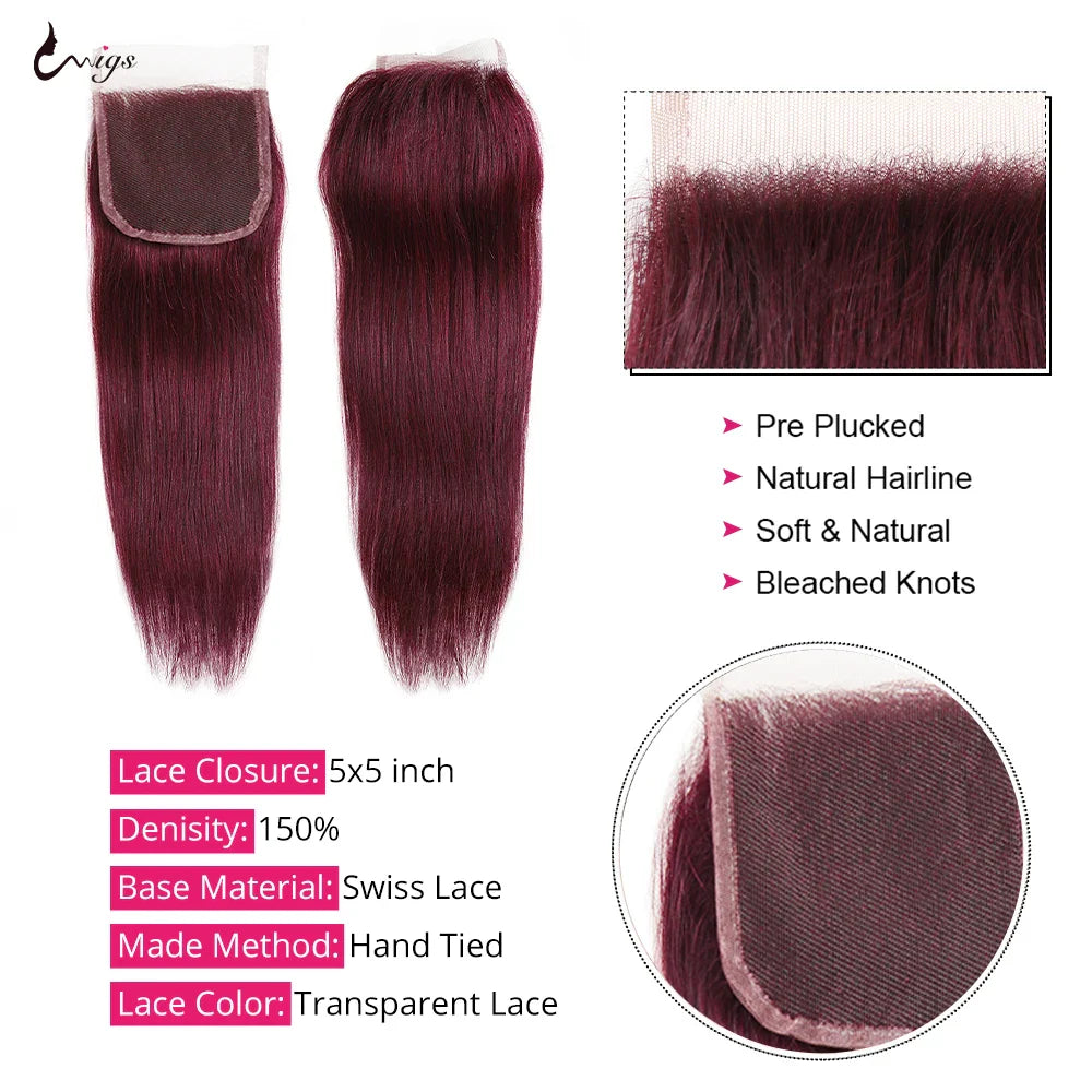 99j Hair Bundles With Frontal Brazilian Hair Bone Straight Human Hair Bundles With 5x5 Closure Ombre Colored Burgundy 3 Bundles