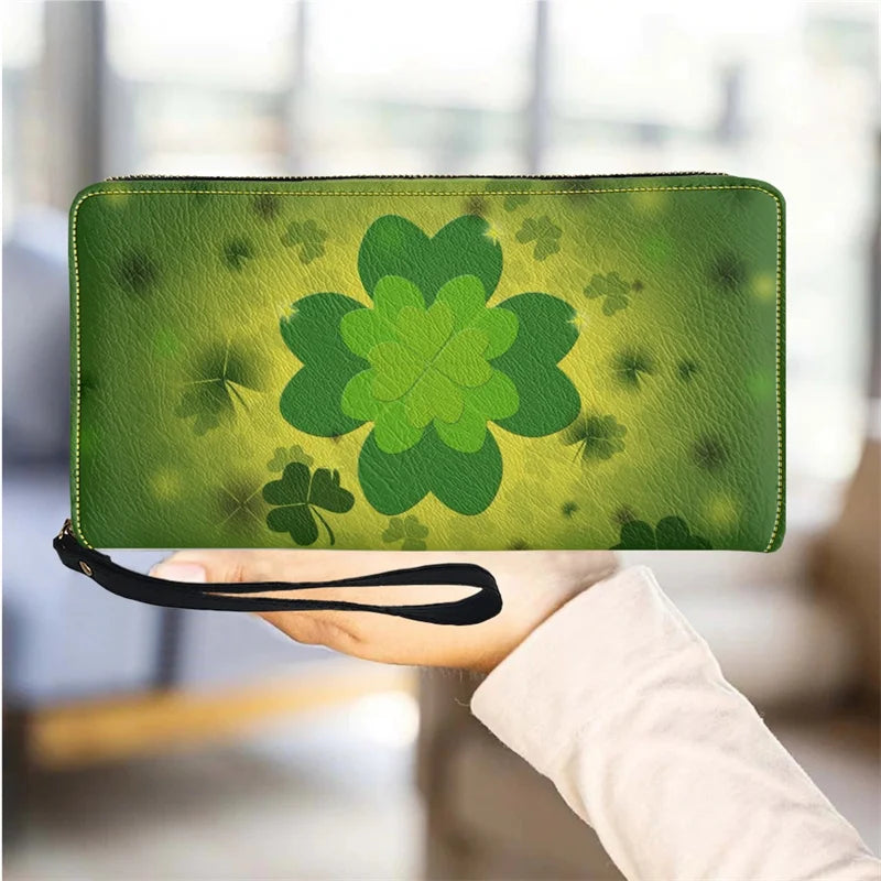 St. Patrick S Day Lucky Shamrock Women Wallet Irish Day Green Theme PU Leather Girls Purse Portable Travel Long Ladies Wallets