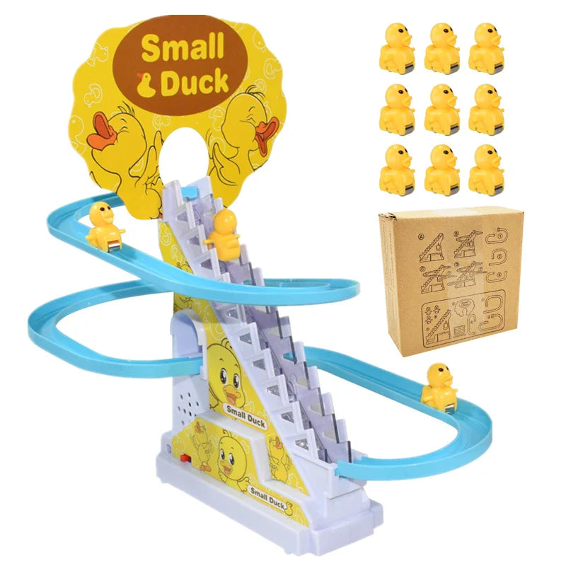 Kids Electric Small Duck Climbing Stairs Toy DIY Rail Racing Track Music Roller Coaster Duck Toy For Baby Kids Gift