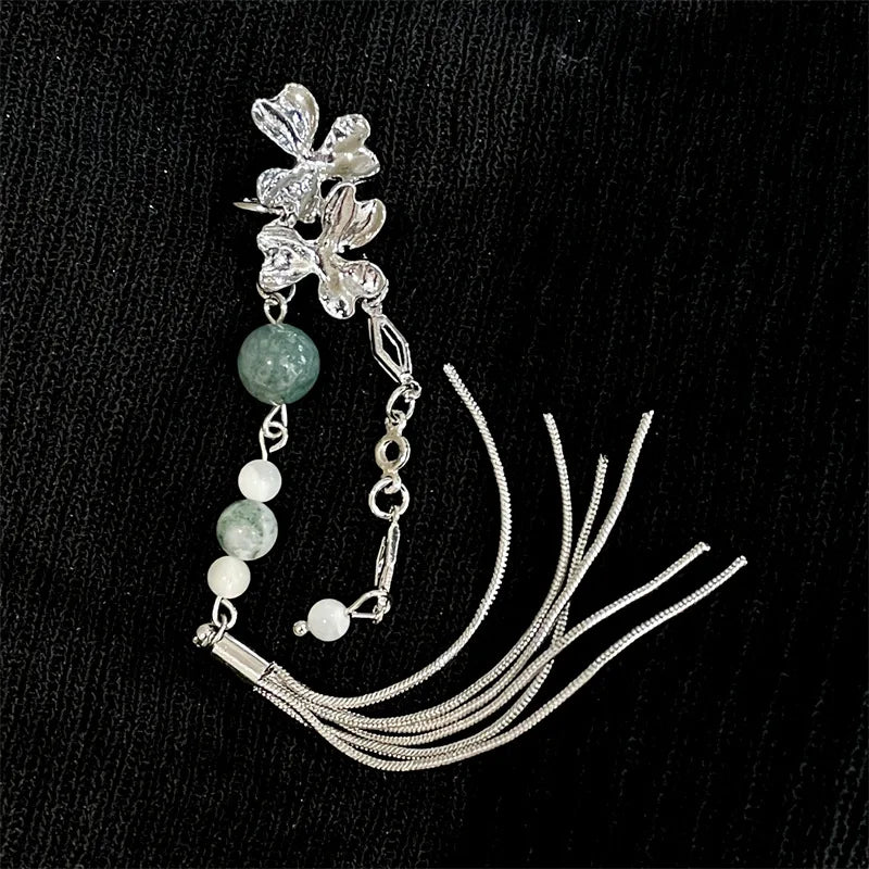 Vintage Chinese Style Artificial Jade Tassel Flower Ear Clip No Piercing Earring 2022 Trendy Punk Metal Ear Cuff Clip Earring