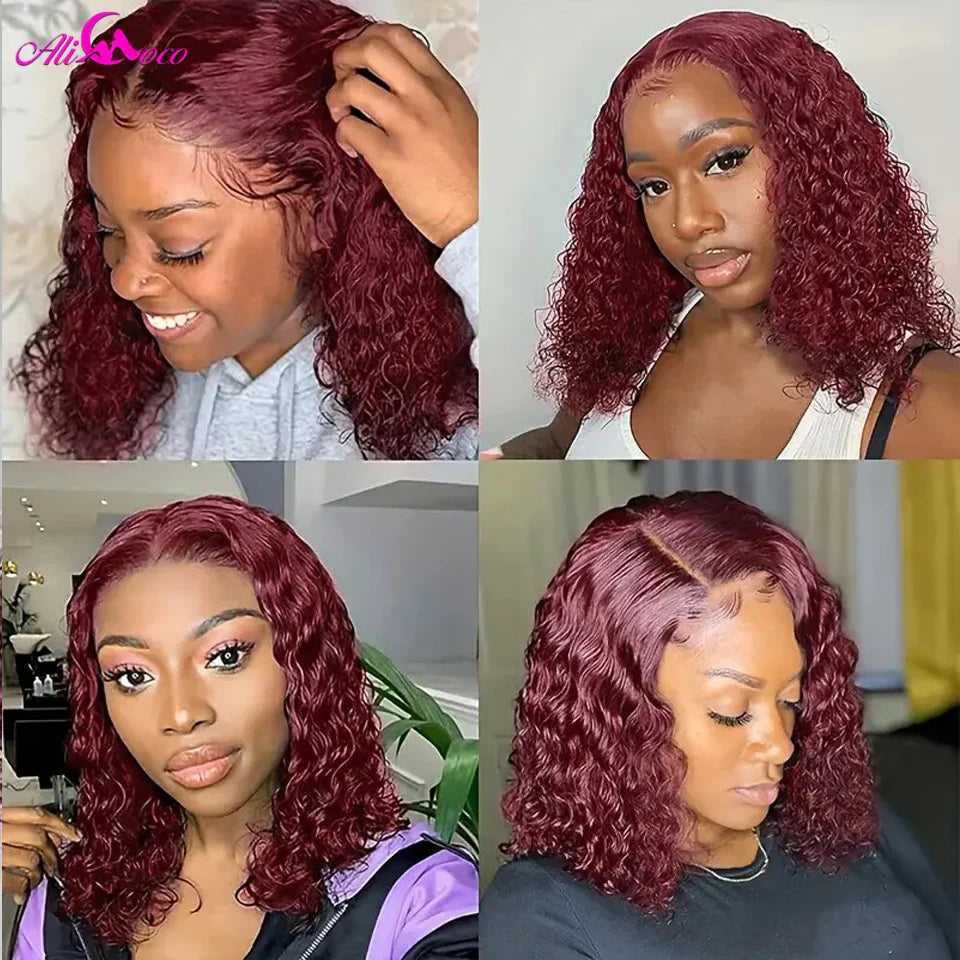 180 Density Short Burgundy Red Kinky Curly Bob Wig Human Hair Wigs Women Pre Plucked Short Bob 13x4 Lace Frontal Wig Curly Wigs