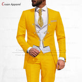 Latest Royal Blue Suit Men 3Pcs Slim Fit Wedding Best Man Groom Tuxedo Double Breasted Gold Trim Jacket Vest Pants Set Tailcoat