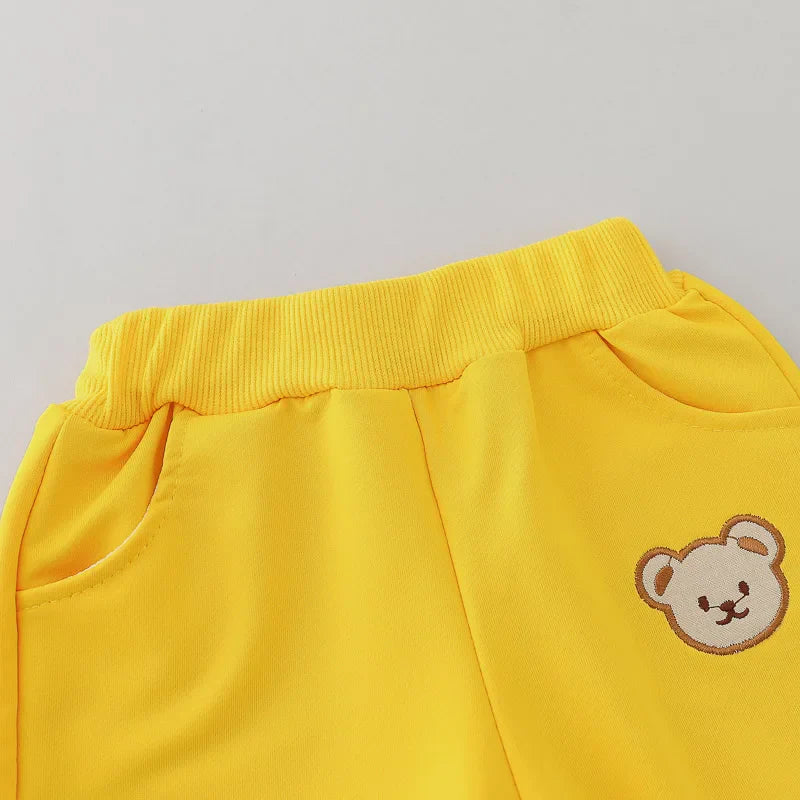 2pcs Baby Spring Fashion Simple Embroidered Bear Head Round Neck Set for Children's Versatile Long sleeved Pants 2-piece Set