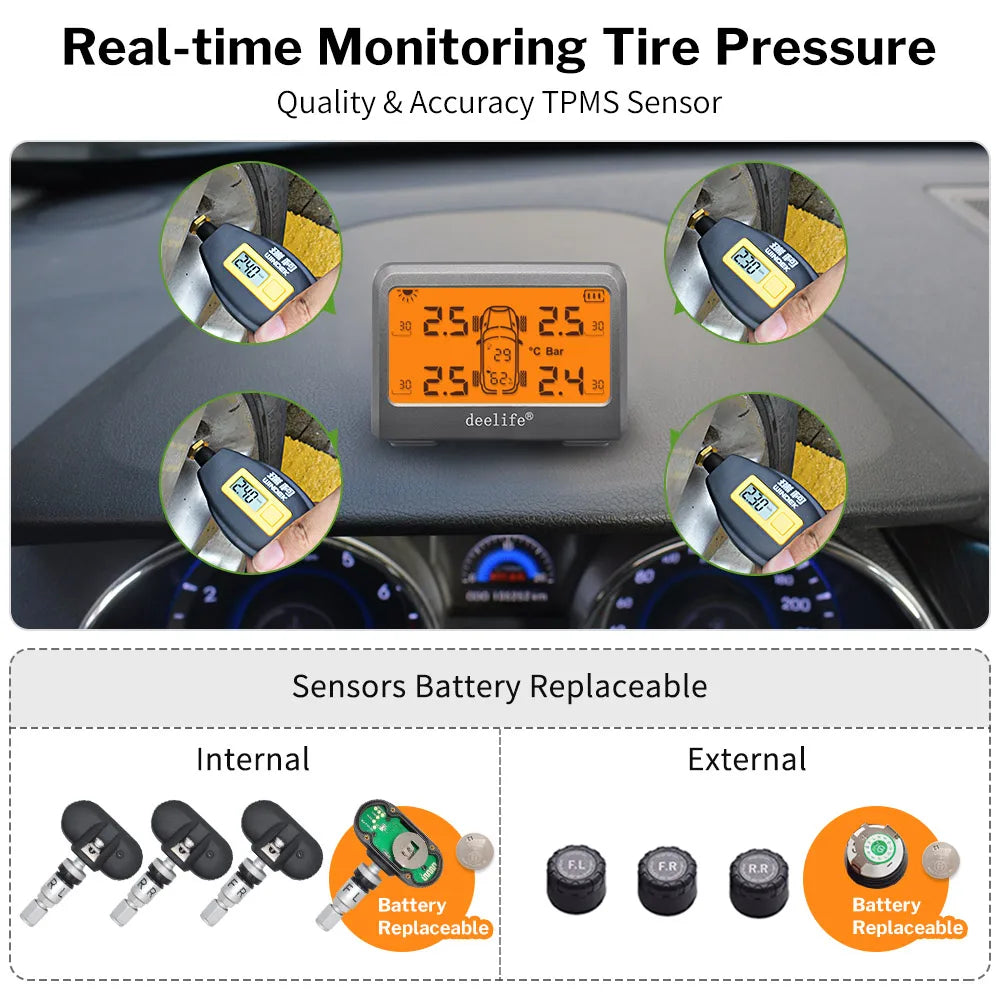 Deelife Solar TPMS Car Tire Pressure Monitoring System with 4 Wheel Tyre Battery Replaceable Internal External Sensors TMPS