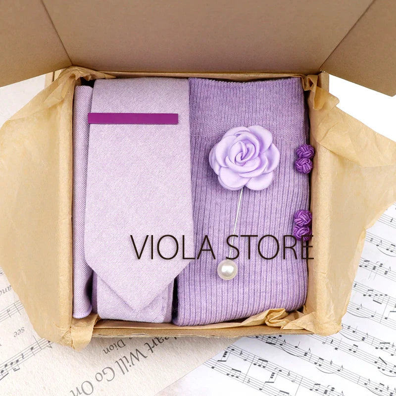 Viola Design 5PCS Gift Box Solid Cotton Sock Tie Sets Clip Pin Cufflinks Hanky Colorful Men Wedding Party Daily Cravat Accessory