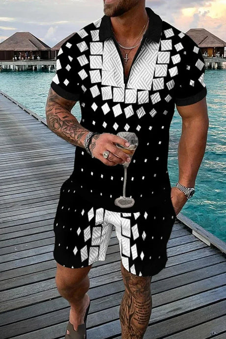 Boho Geometric Style 3D Print Men Polo shirts Set Zipper Lapel Polo Sets Zipper Collar+Shorts 2pcs Hawaii Holiday Man Clothes