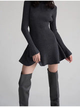 Ribbed Knitted Long Flare Sleeved Mini Dress Half High Collar High Waist Sweater Dresses Women Autumn Fashion Street Vestidos