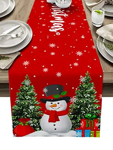 Christmas Snowman Table Runner for Kitchen Decor Snowflakes Christmas Tree Table Runner for Wedding Festive Party Dresser Scarf