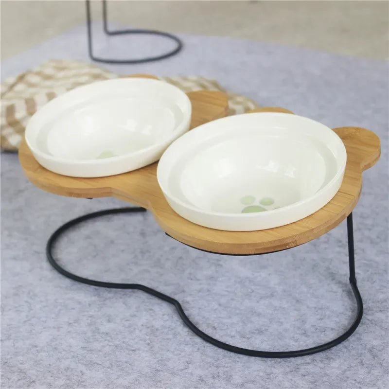 New High-end Pet Bowl Bamboo Shelf Ceramic Feeding and Drinking Bowls for Dogs and Cats Pet Feeder Accessories