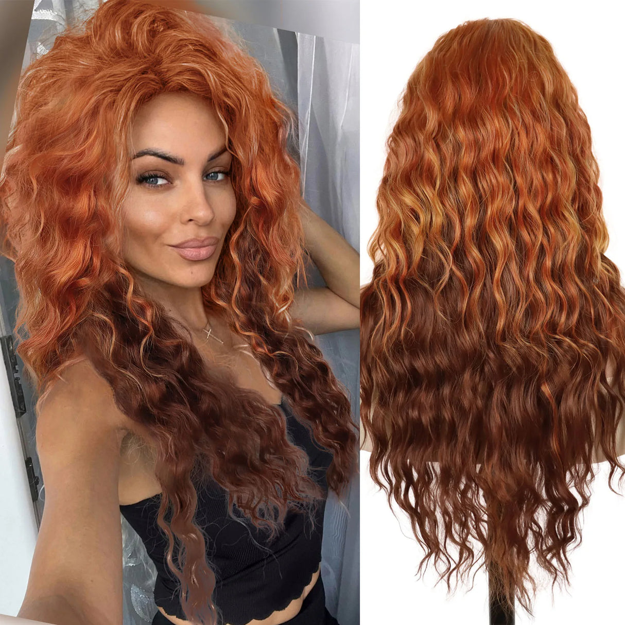 GNIMEGIL Synthetic Long Wave Wig for Woman Natural Brown Wig with Clip Free Part Side Bangs 80s Curly Wigs for Women Ombre Wig