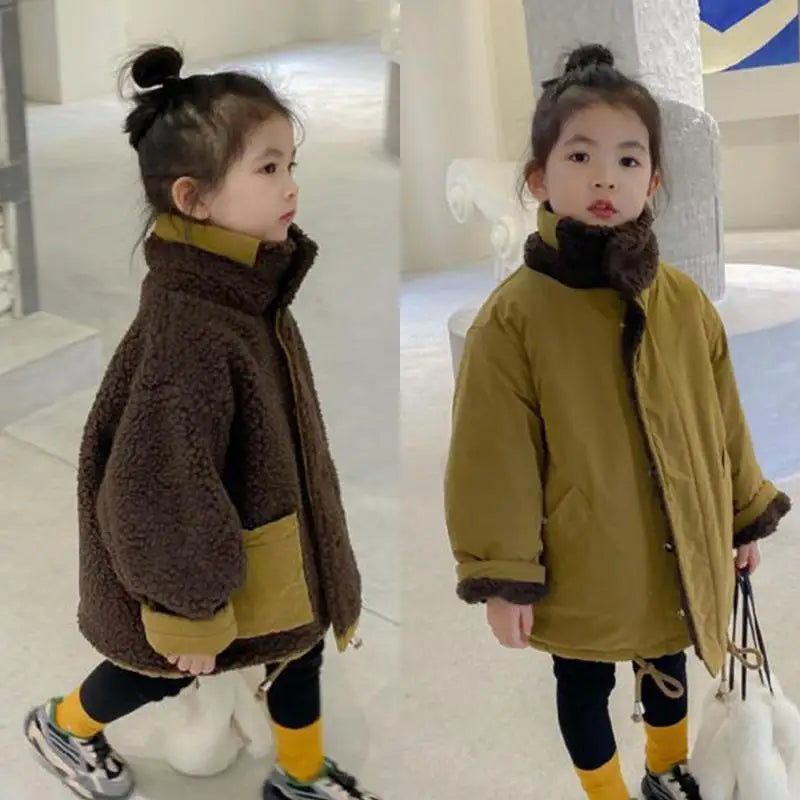 Children's Winter Children's Lamb's Wool Warm Coat Girls Double Wear Tops Baby Splicing Loose Leisure Coat