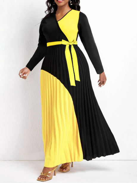 LW Plus Size Women Autumn&Winter Elegant Long Sleeve Bandage Patchwork Surplice Neck Pleated Tied Color Block A Line Dress