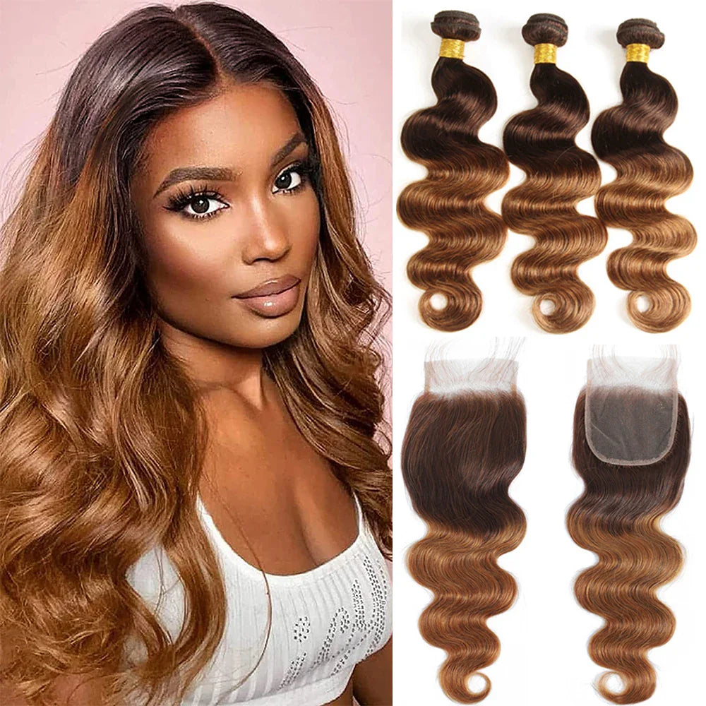 Ombre Body Wave Bundles With Closure Brazilian Human Hair Weave Bundles With Closure T4/30 Colored Bundles With Lace Closure