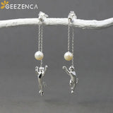 GEEZENCA 925 Sterling Silver Gold Plated Cat With Pearl Dangle Earrings For Women Cute Kitten Playing Ball Long Tassel Earring