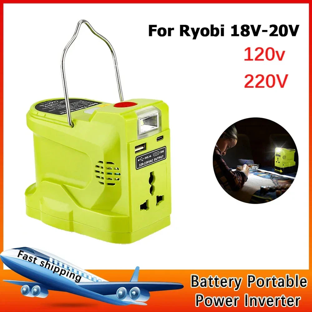 200W Power Inverter Generator for Ryobi 18V Lithium Battery,DC 18V To AC 120V 220V Portable Power Station with 280lm LED Light