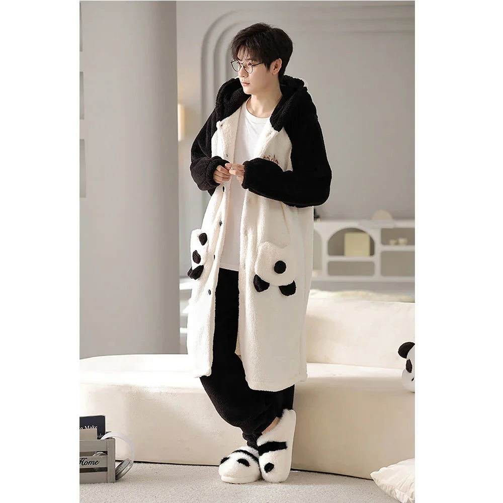 2PCS Hooded Sleepwear Thicken Warm Plush Flannel Robe Set Winter Pajamas for Couples Soft Pajama Man Cartoon Sleeping Bathrobe