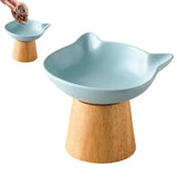 Raised Cat Food Dish Porcelain Feeder Dish With Non-slip Wood Stand Wide Cat Food Bowl Feeding Watering Supplies