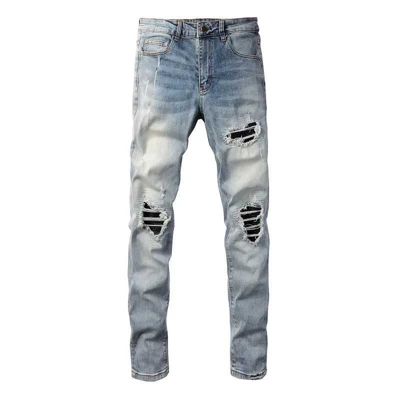 Men Leather Patches Denim Jeans Streetwear Holes Ripped High Stretch Pants Light Blue Skinny Tapered Trousers