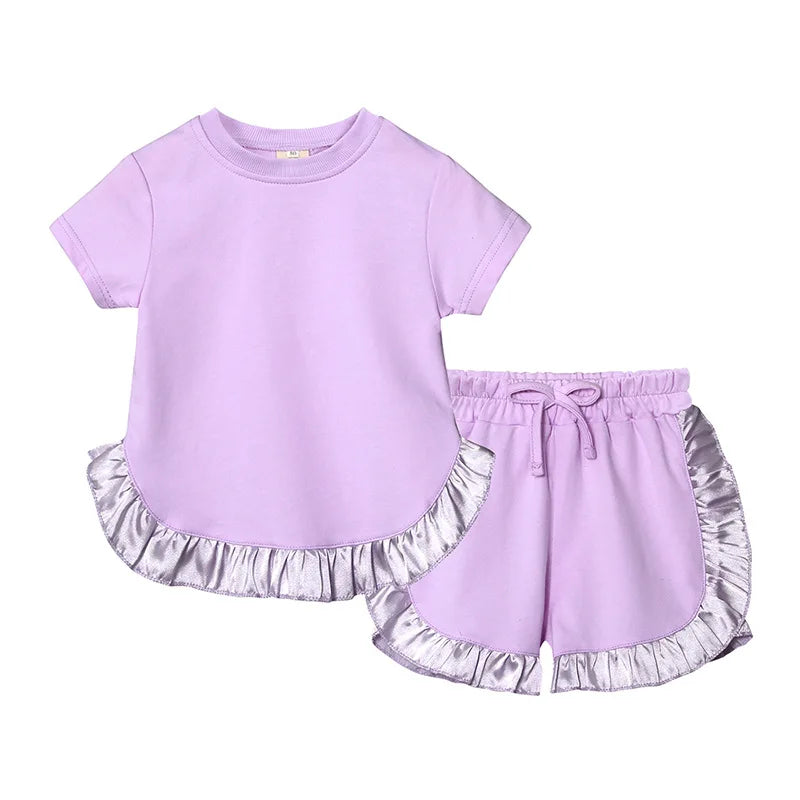 Kids Clothes Girls Outfits Short Sleeve Ruffle T-shirts + Shorts Pajamas Suit 2024 Summer Children Loungewear Baby Girls Clothes