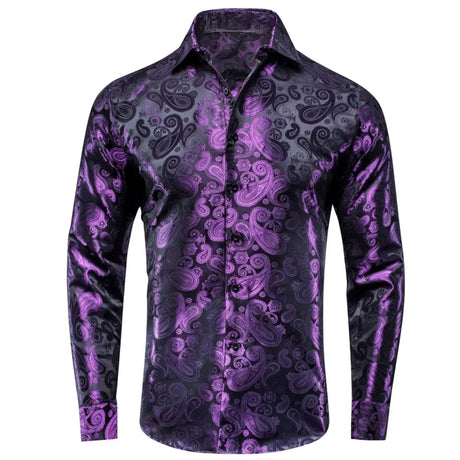 Lilac Mauve Lavender Purple Silk Mens Shirts Luxury Lapel Long Sleeve Dress Shirt Jacquard Blouse for Male Wedding Business Prom